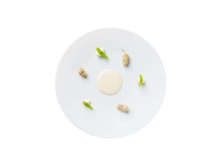 Animella di vitello cotta al tegame bietola, anacardi freschi e more di gelso